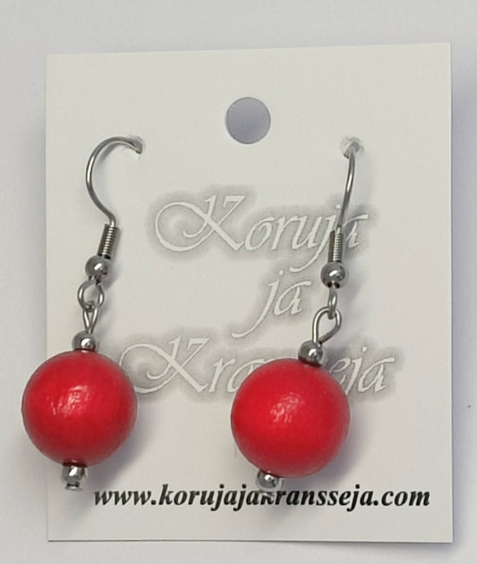 Wooden Bead Earrings, Dangling, Red