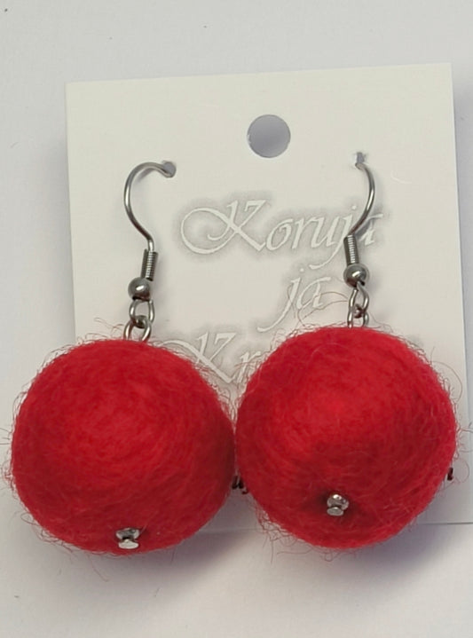 Felt Ball Earrings, Dangling, Red