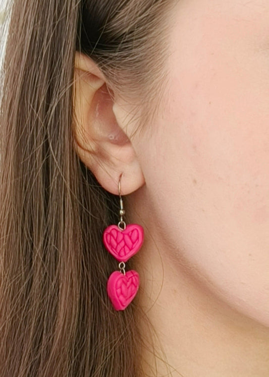 Knitted Heart Earrings, Dangling, 2-piece